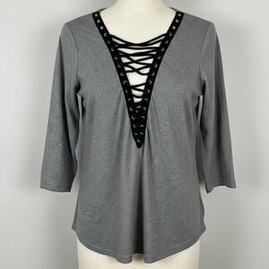 Womens Gothic 90s Grunge Edgy Indie Top Sz M Deep V-Neck Plunge Lace Up Grommet